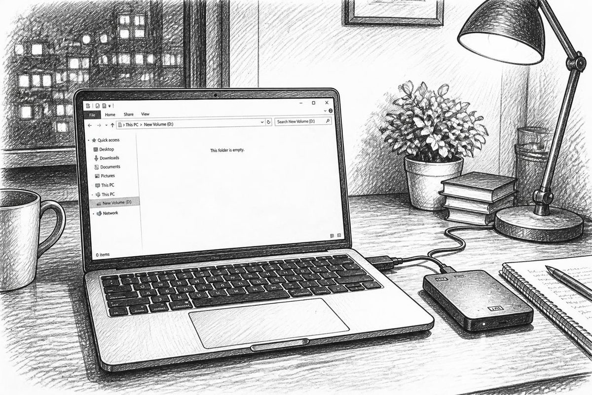 A laptop showing an empty folder, with an external hard drive beside it on a dimly lit desk