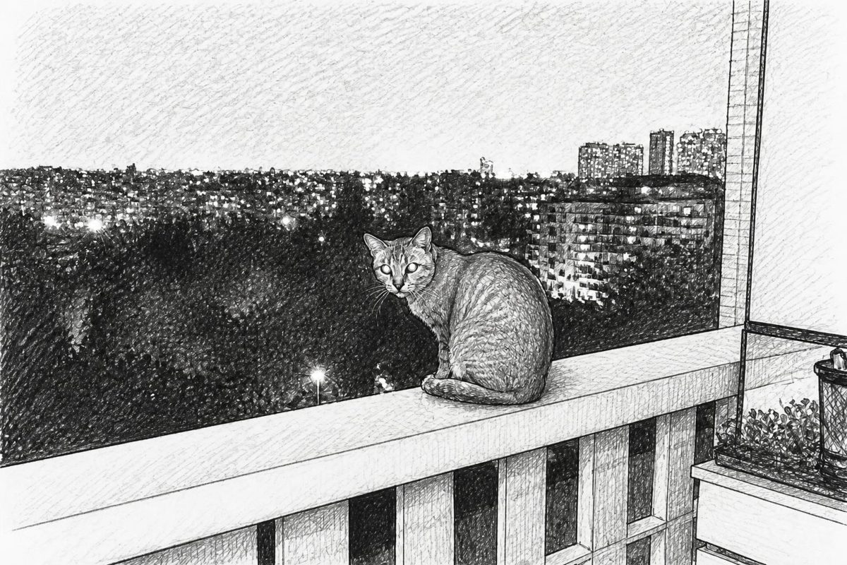 A cat sitting on a balcony railing at night, caught by a night-vision camera