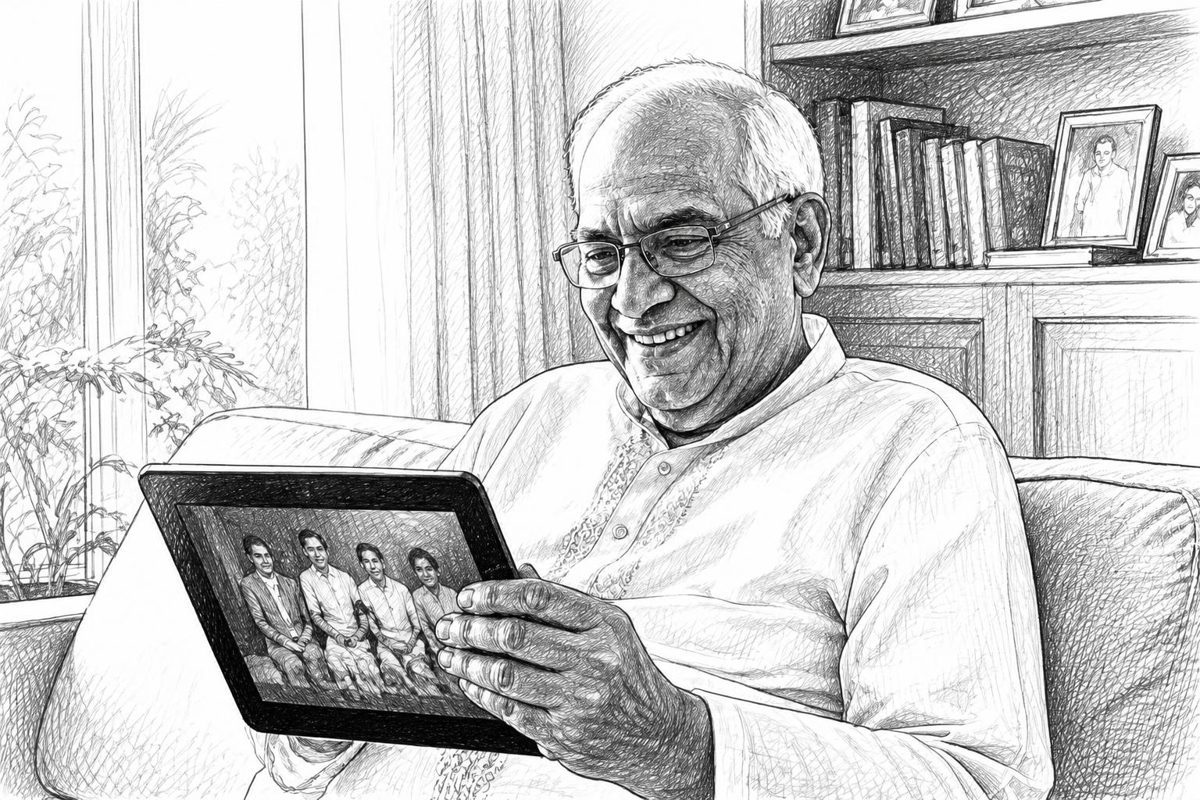 An elderly man smiling as he looks at old photographs on a tablet